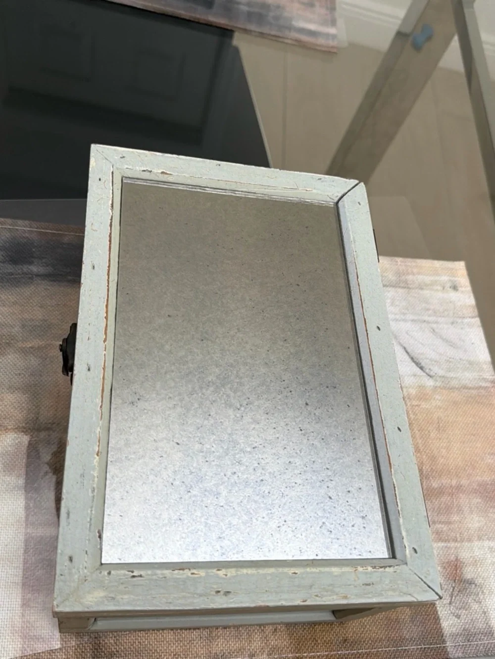 Distressed White Glass-Top Jewelry Box with Vintage Latch